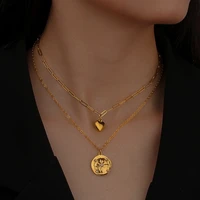 new fashion trend double layer love stainless steel coin star pendant heart necklace women jewelry gift party gift wholesale