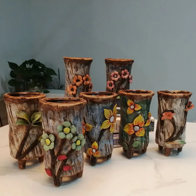 

Korean style Ceramic Vase Handmade Flower Kneading Succulent Flower Pot Coarse Ceramic Belt High Foot Breathable Cliff Small Old