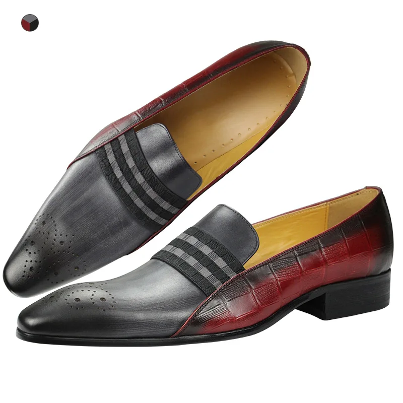 Men‘s Leather Dress Casual one-step loafers Wedding Printing brogue shoes Pointed Toe Fashion Color matching Gray Red chaussures