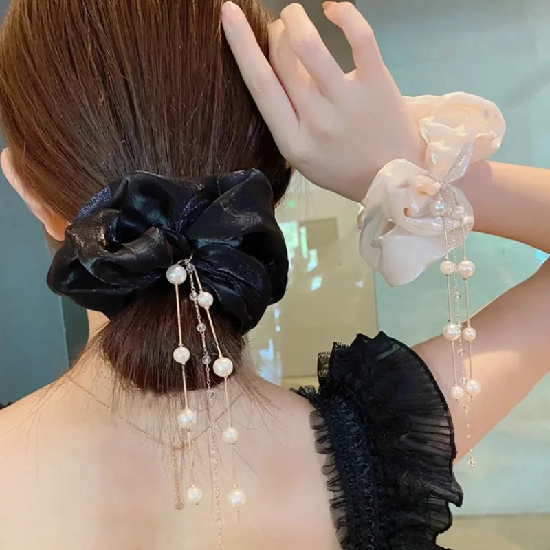 

Korean New Lady Organza Large Intestine Hair Ties Rope with Pearl Chain Tassel Girls Itens Accessories for Women Rebber Bands