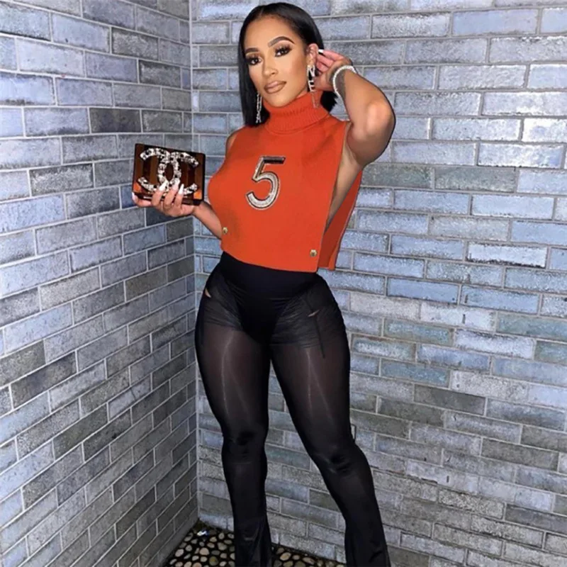 

Off-shoulder Mini Tops Sleeveless Knitted High Collar Clothes Hollow Slits Women's Blouse Digital Pattern Club Party