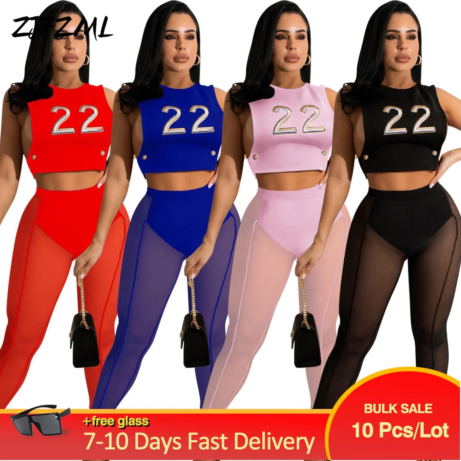 

Bulk Items Wholesale Lots Women's Tracksuit Side Hollow Letter Print Sleeveless Crop Top+high Waist Mesh Transparent Pant Outfit