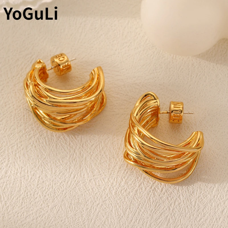 

Modern Jewelry Multi Layer Metal Wire Hoop Earrings 925 Silver Needle Popular High Quality Brass Gold Color Earrings For Women