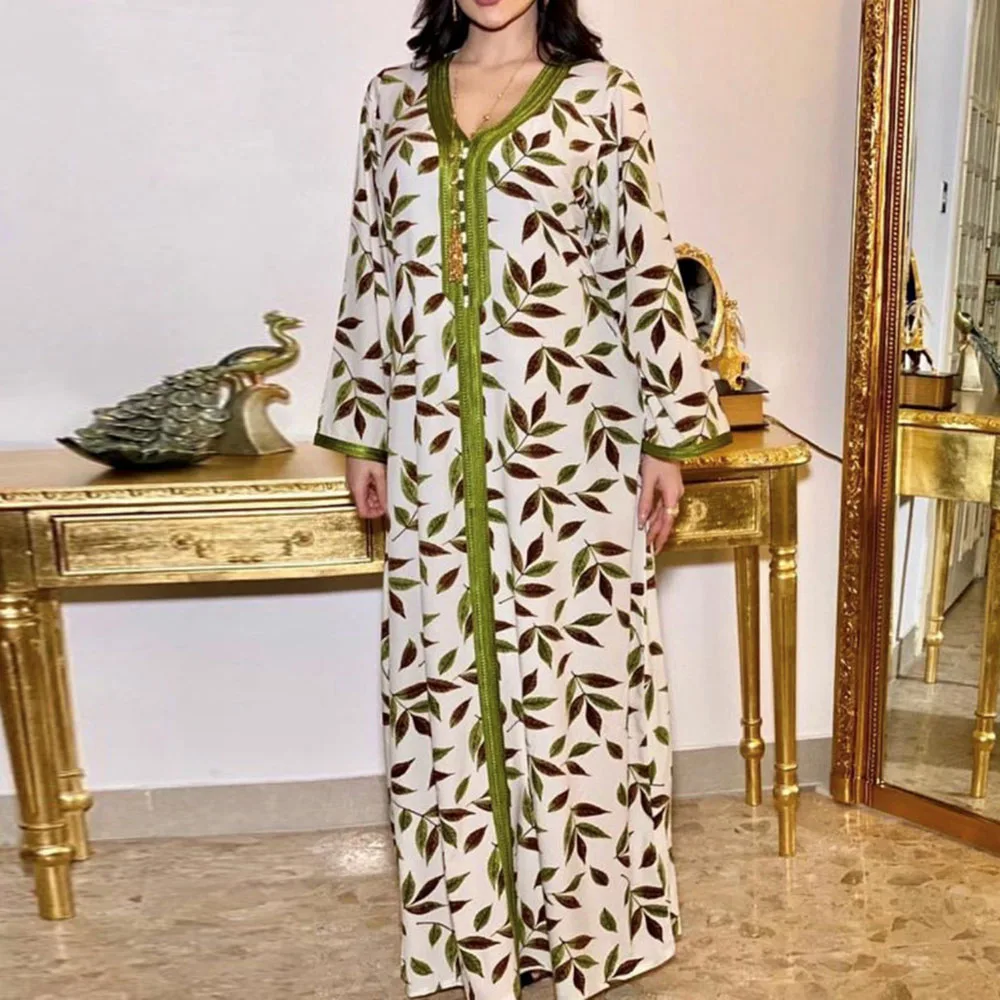

Print Appliques Caftan Dresses Women Jellaba Dubai Abaya 2022 Summer Plant Muslim Female Long Sleeves Maxi Dress Ramadan Islam