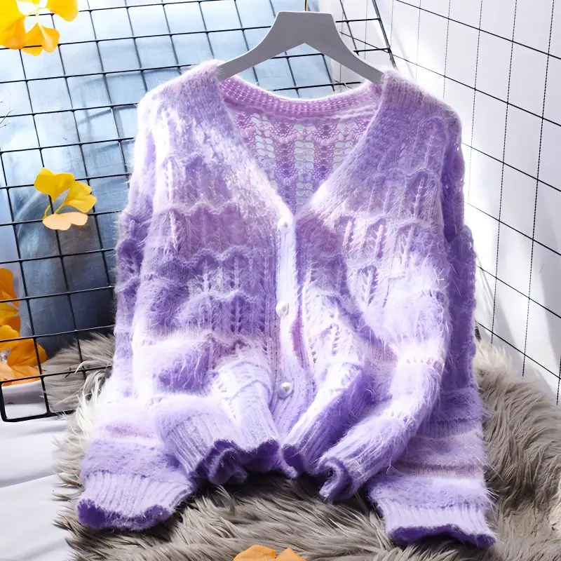 

Женский вязаный кардиган с V-образным вырезом, свободный короткий однотонный кардиган в Корейском стиле ретро, с вырезами, D50, осень-весна 2023