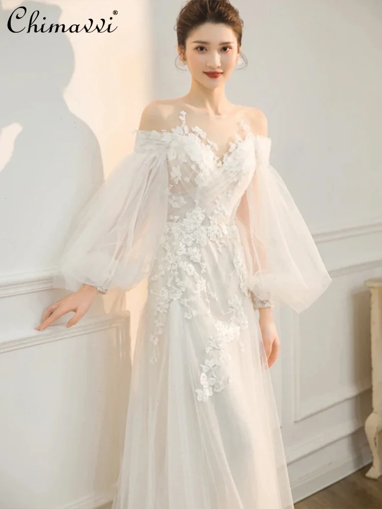 Retro V-neck Off-Shoulder Princess Style Dress 2023 Spring Summer New Korean Style Bubble Long Sleeve Wedding Dress Bride