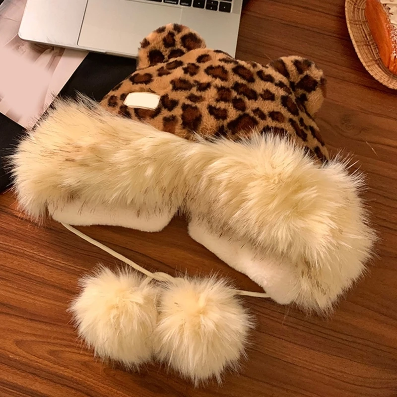 Женская меховая шапка с леопардовым принтом шляпа ушами медведя ветрозащитная