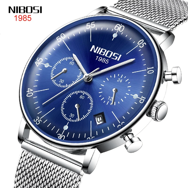 

NIBOSI New Business Multifunction Men Watch Calendar Display Waterproof Mesh Stainless Stee Quartz Wristwatch Zegarek Męski
