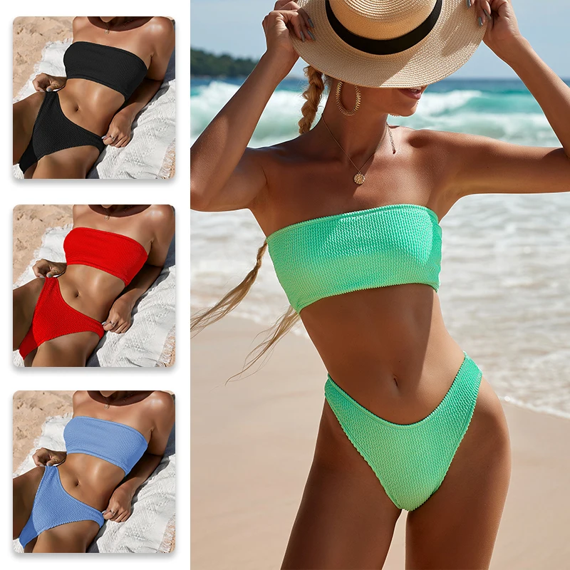 Сексуальный однотонный комплект бикини бандо с пуш-ап Женский Монокини