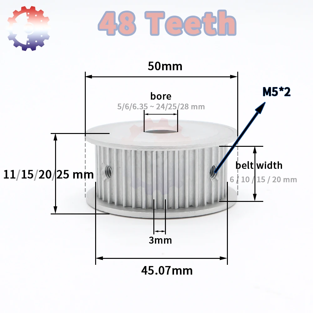 Ременной шкив HTD3M 48 зубьев т 3 м зубчатый с отверстием 5/6/8 ~ 28 мм синхронный ремень