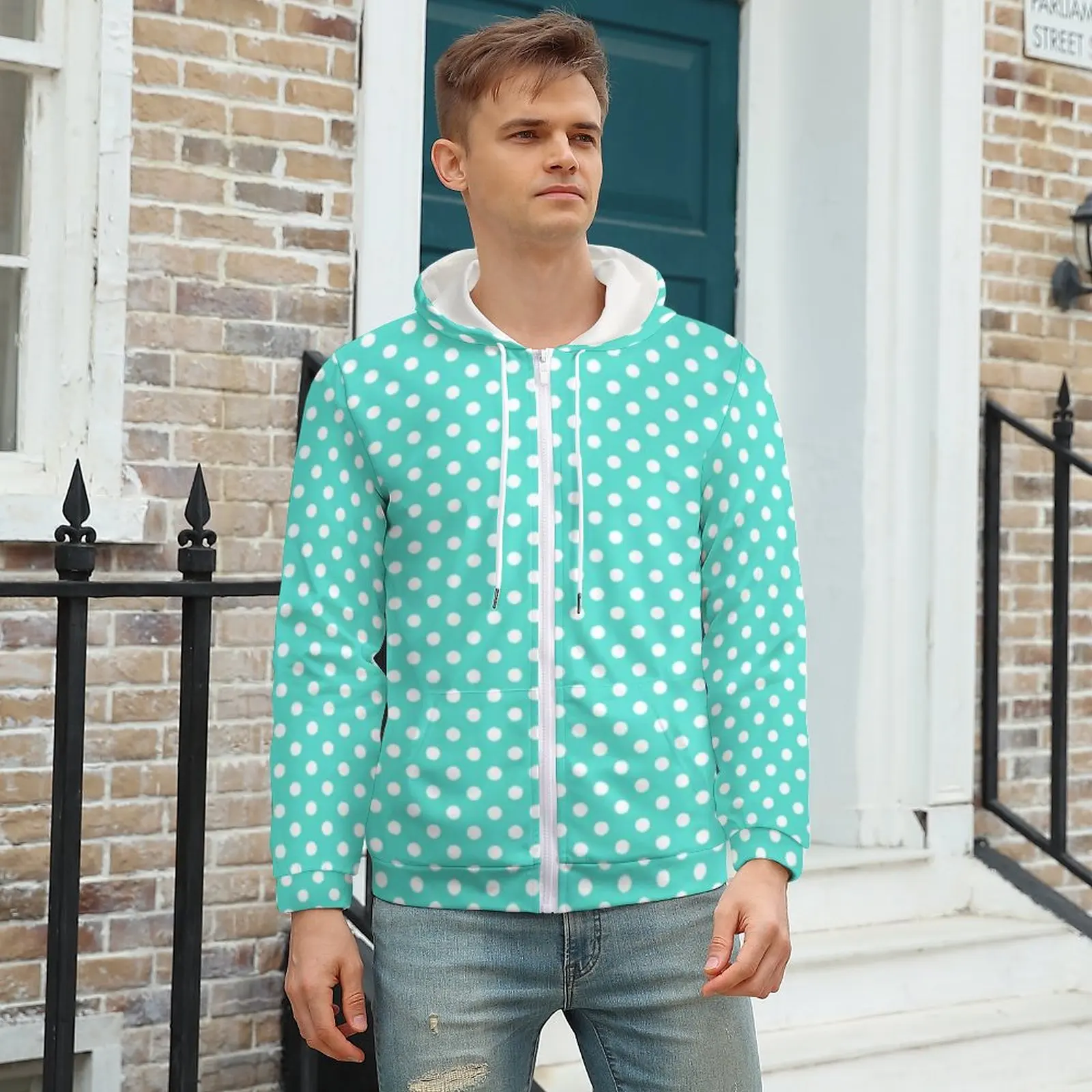 

Teal Blue Polka Dot Hoodie Retro Turquoise Trendy Winter Hoodies Popular For Men Zip Up Hoodie For Men Oversized