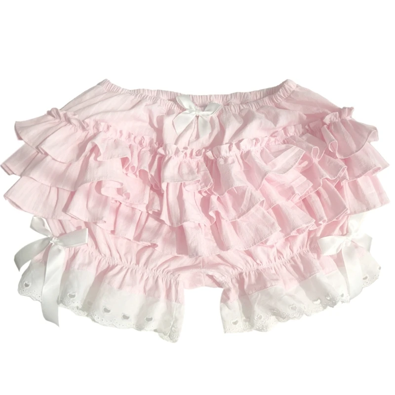 Womens Girls Layered Ruffled Lace Pink Pumpkin Shorts Japanese Vintage Victorian Cute Bowknot Bloomers Safety Under Pant