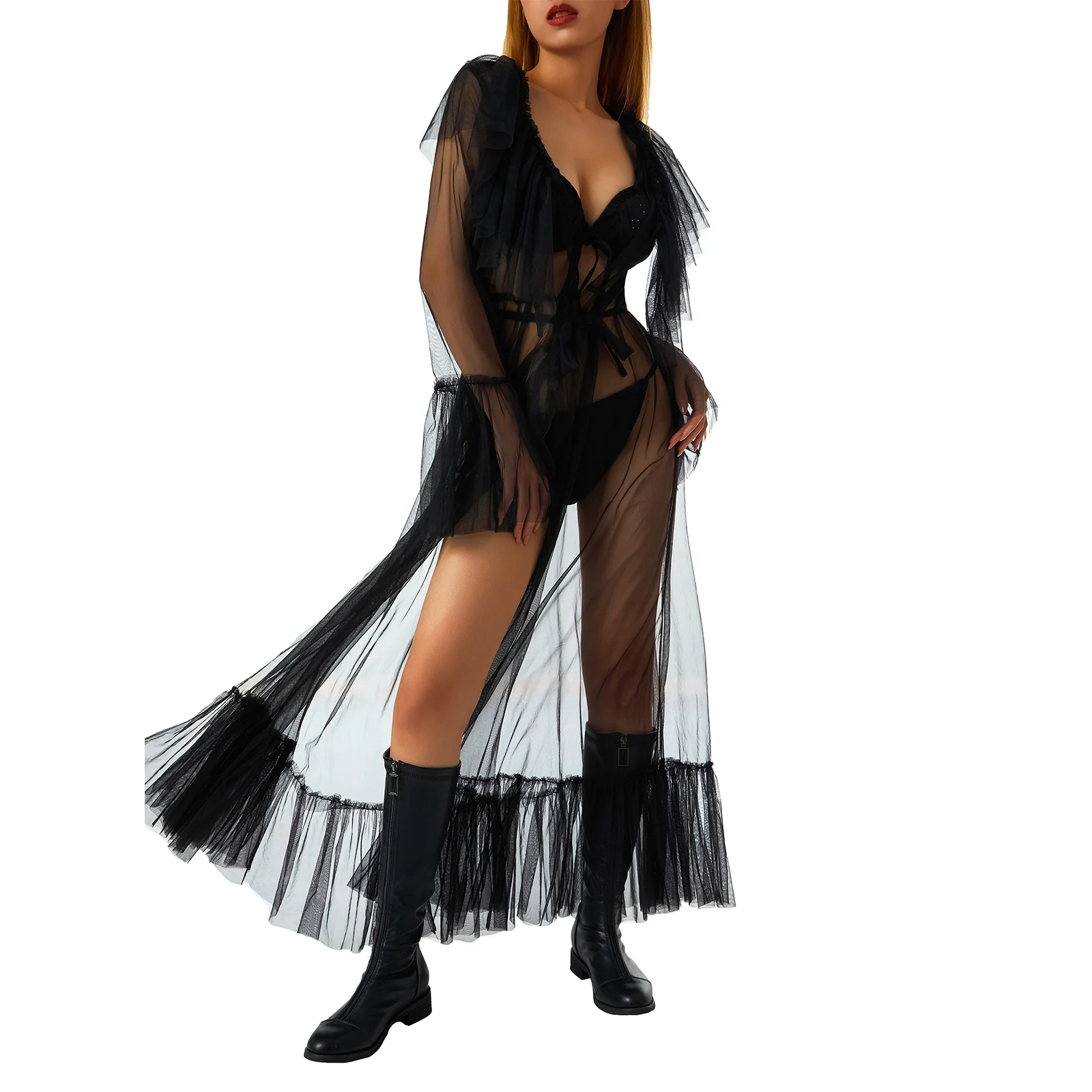 

Casual Women Tulle Robe Long Sleeve Sheer Floor Long Pants Solid Color Pleated Hem Coat for Summer Women Clothing