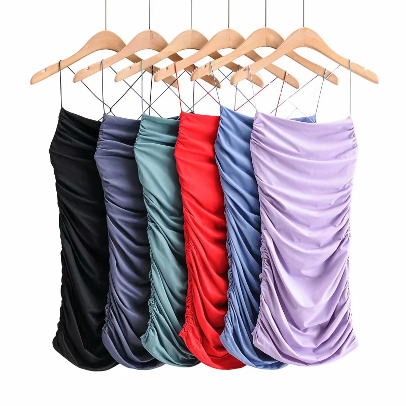 Streetwear Women Dress Sexy Tight Solid Color Pleated Large Backless Suspender Slim Sexy Dress Short Skirt A-line Skirt