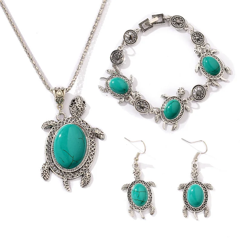 

European and American Fashion New Turquoise Tortoise Suit Retro Exotic Women's Three-piece Jewelry Sets