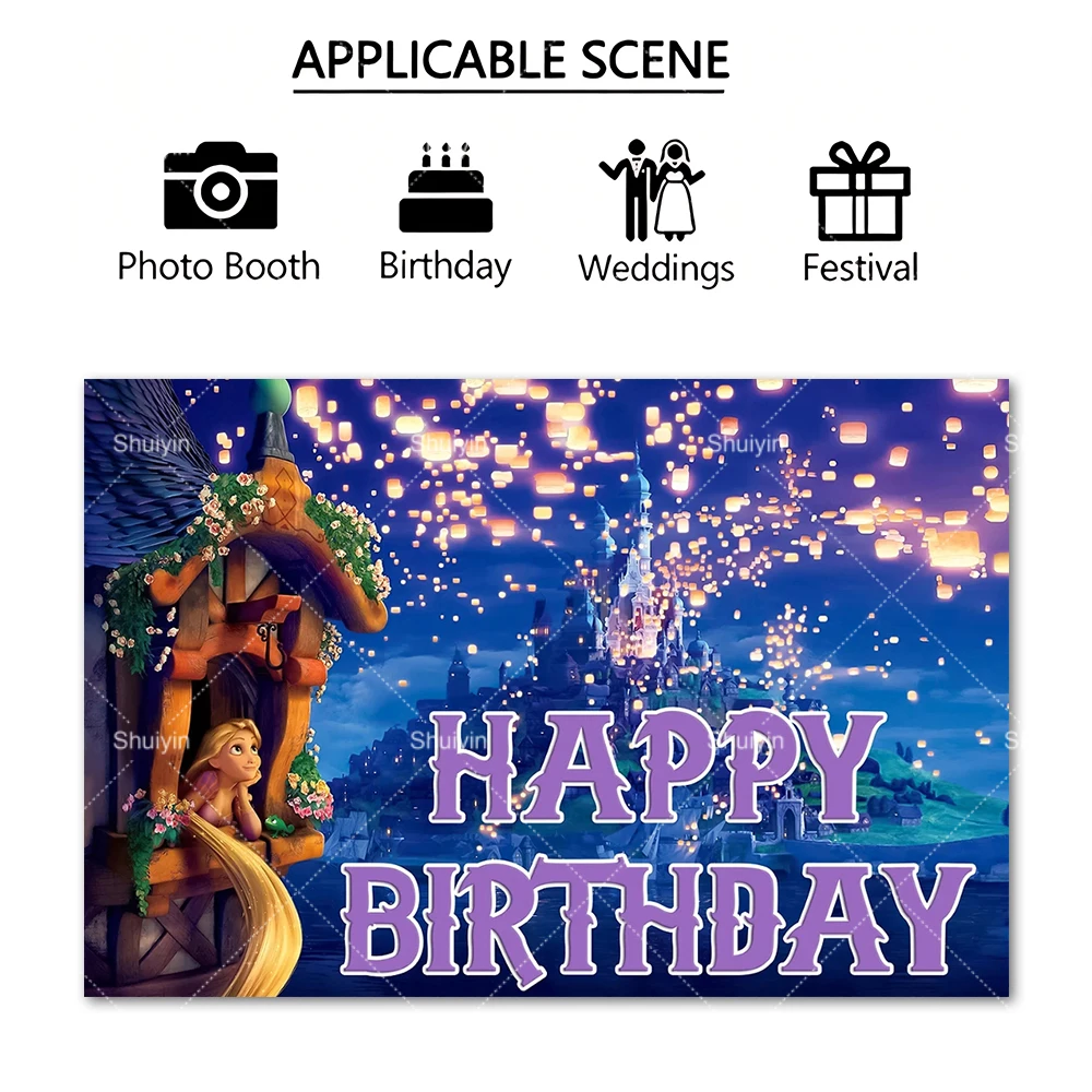 Фото Фон для фотосессии с принцессой Рапунцель из мультфильма Disney Tangled, декорации для вечеринки в честь дня рождения девочки, баннер для детского праздника, подарки, фон для фотосъемки №3