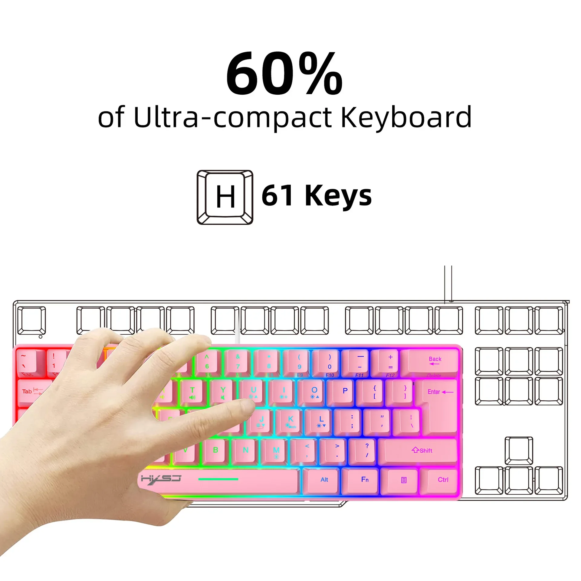 Фото Игровая клавиатура 60% RGB, белая, миниатюрная, проводная, с подсветкой, для ПК, цветная, розовая, белая. №5