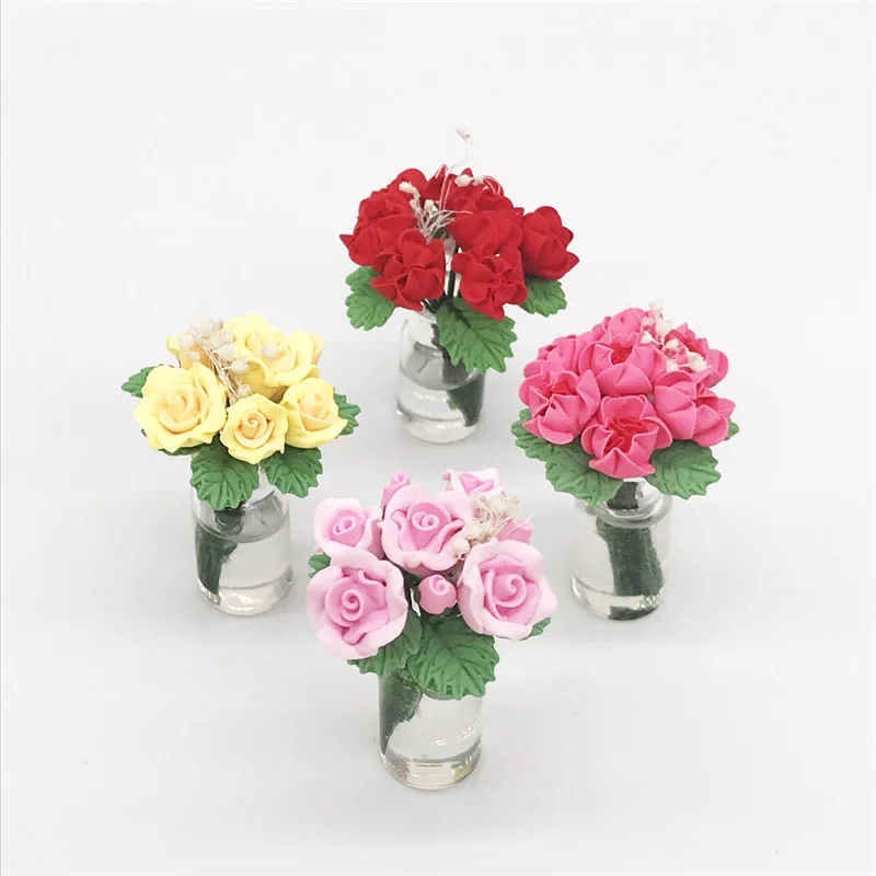 

1: 12 Mini Rose Doll House Pocket Furniture Decoration Living Room Decoration Garden Scene Potted Roses