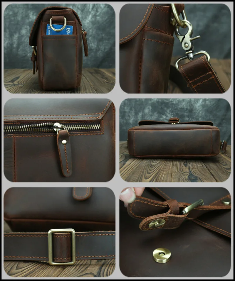 Fashion retro high-quality crazy horse cowhide men's coffee shoulder bag outdoor daily work real leather square messenger bag