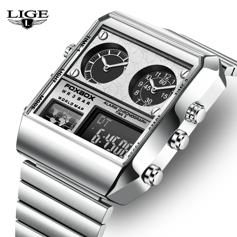 Часы наручные LIGE мужские с квадратным циферблатом брендовые Роскошные модные
