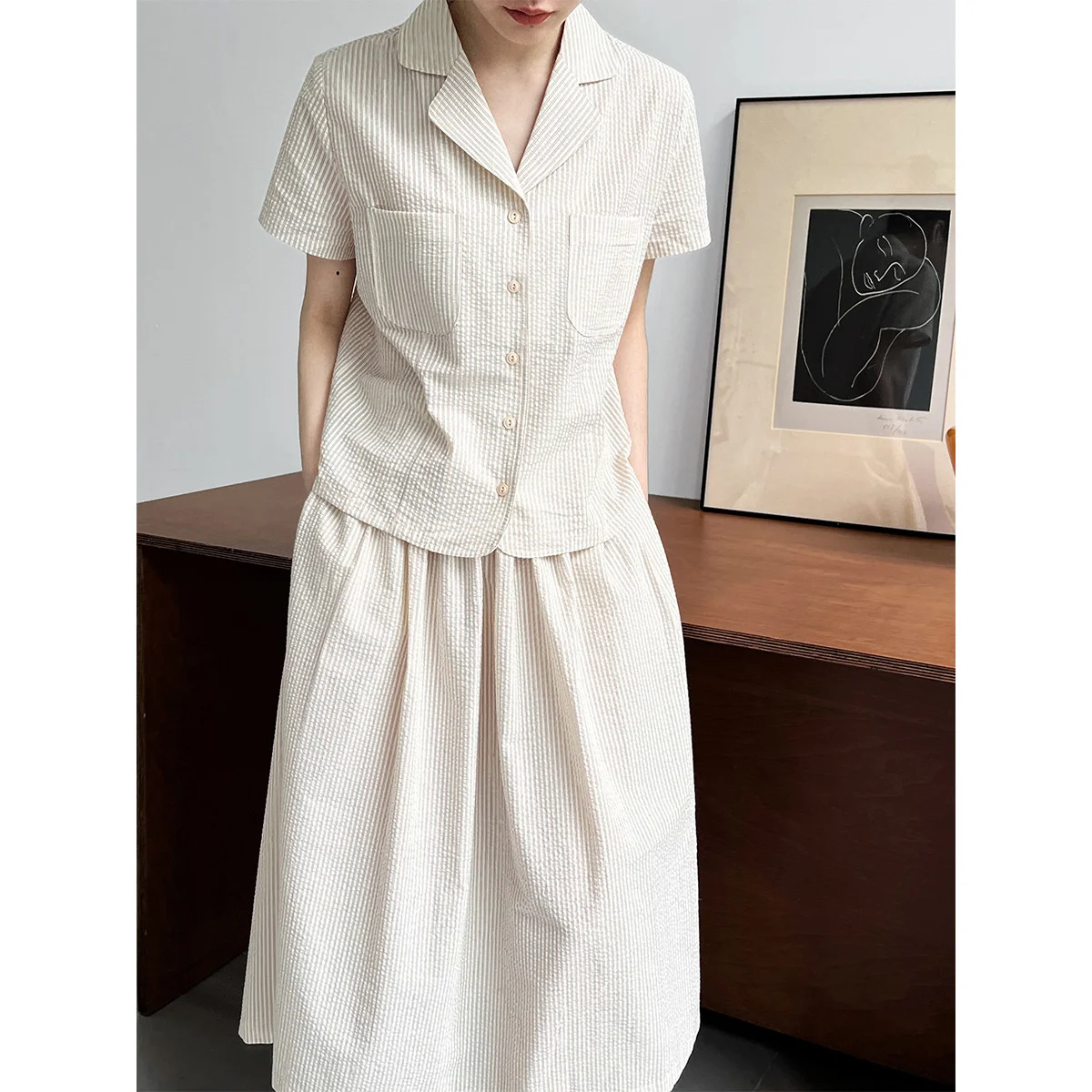 

Korean Style Short Sleeved Striped Shirt + High Waisted Midi Skirt Two-piece Set Cotton Outfit