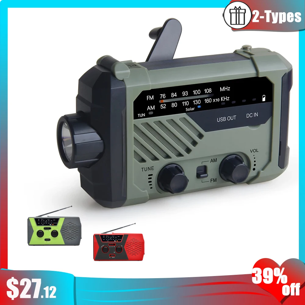 

2000mAh Solar Power Bank Protable Radio AM/FM Mini Emergency Multifunction Hand Crank Radios Receiver Flashlight Reading Lamp