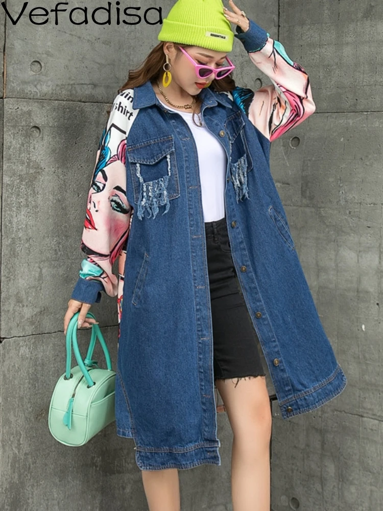 

Women Long Sleeves Denim Coat Loose Single-breasted Patches Cartoon Figure Printing Splicing Coat 2023 Spring Autumn LHX1052