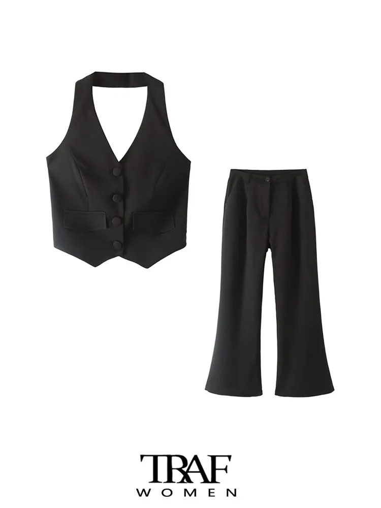 

Комплект из двух предметов TRAF Женский, модный жилет с открытой спиной и высокой талией, брюки-клеш на молнии, с лямкой на шее