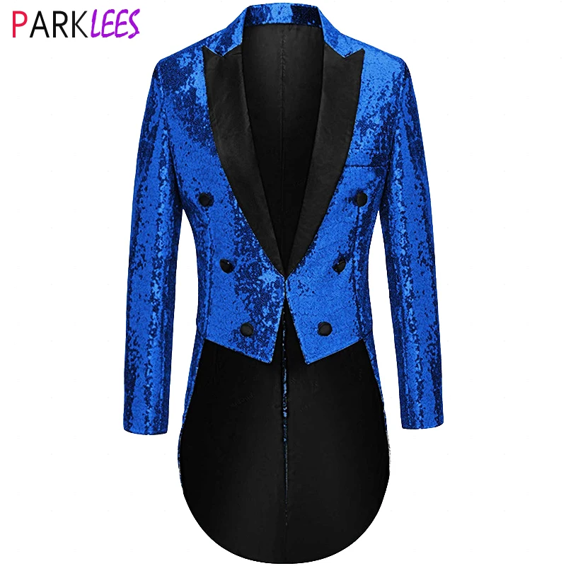 Men's Shiny Royal Blue Sequin Glitter Tailcoat Suit Jacket Men Double Breasted Tuxedo Blazer Men DJ Club Stage Singer Costumes