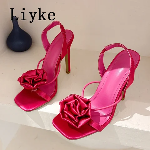 Сандалии Liyke женские на высоком каблуке, квадратный носок, без застежки, ремешок сзади, модные дизайнерские туфли с красными цветами розы, Размеры 35-42, лето