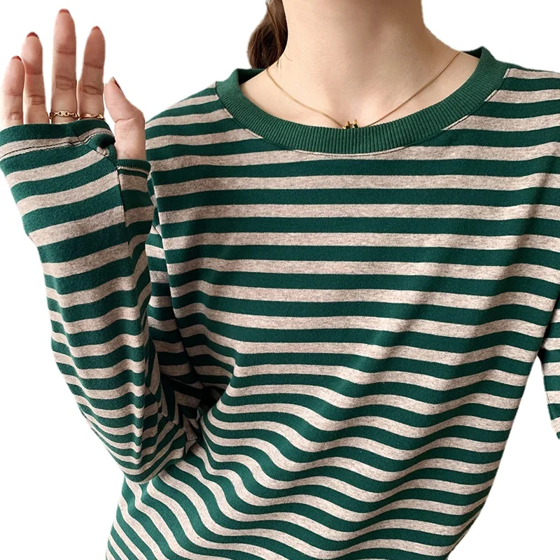 

T-shirt Women Long-Sleeved Round neck striped contrast color Bottom shirt fashion Top All-match cotton soft skin-friendly 2022