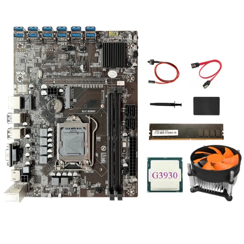 B250C ETH Mining Motherboard 12XPCIE To USB3.0 Slot LGA1151 DDR4 4GB 2133Mhz RAM+G3930 CPU+Cooling Fan+SSD 128G