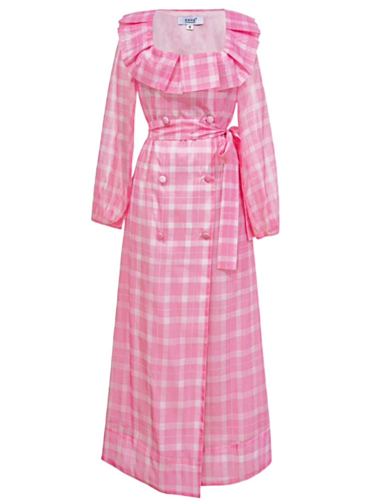Sweetsince 2023 Fashion Designer Spring Women Dress Square Neck Long Sleeve Pink Plaid Retro Elegant Casual Dress Party Holiday