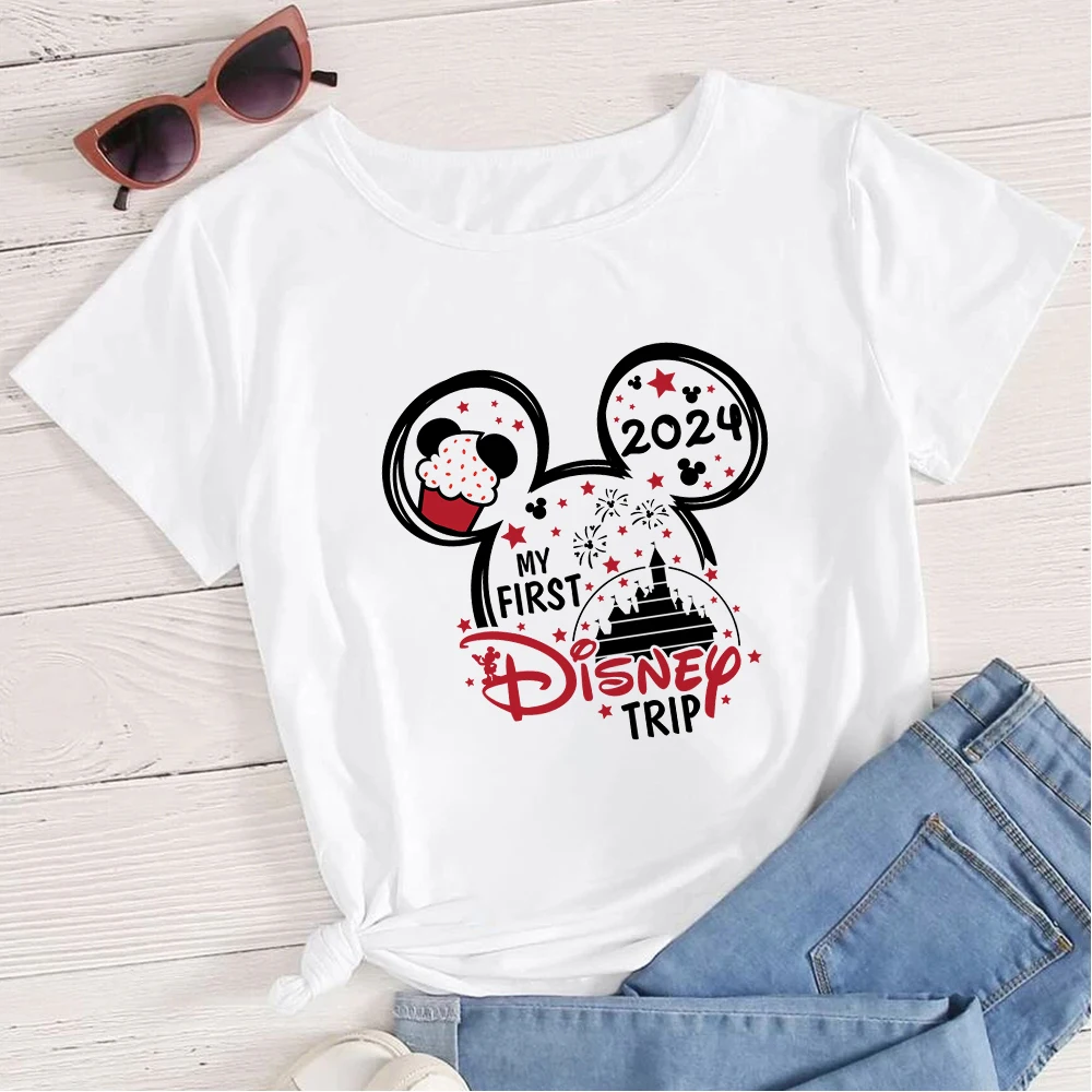 

2024 My First Disney Trip Women's Clothes Aesthetic Mickey Print Fashion Magic Kingdom Mother Kids T-shirt Summer Casual Travel