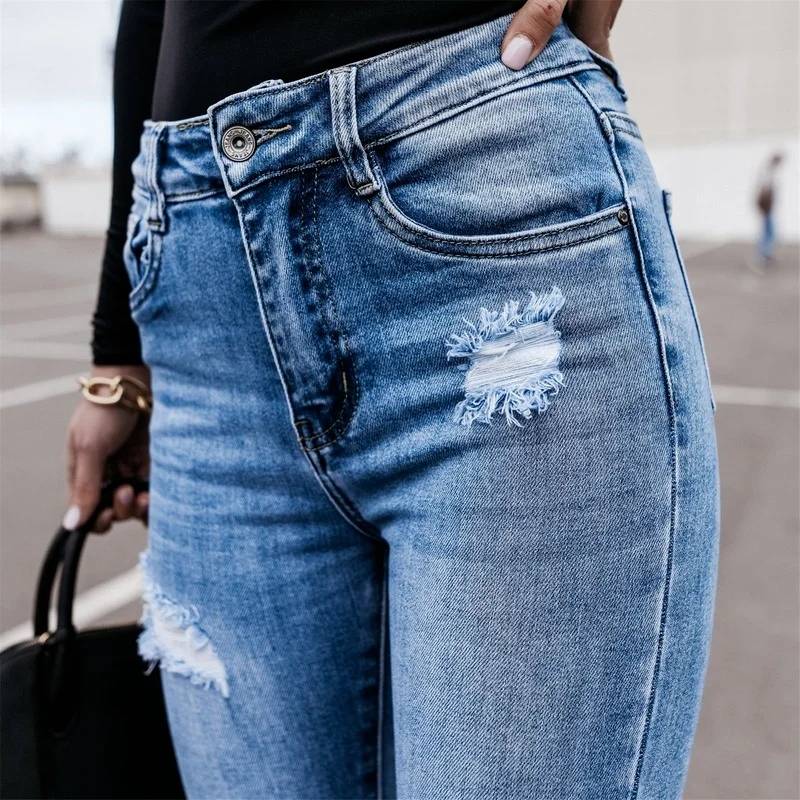 Women High Waist Pocket Elastic Denim Pants 2021 Spring Slim All-match Vintage Jeans Classic Ripped Hole Button Trousers Popular