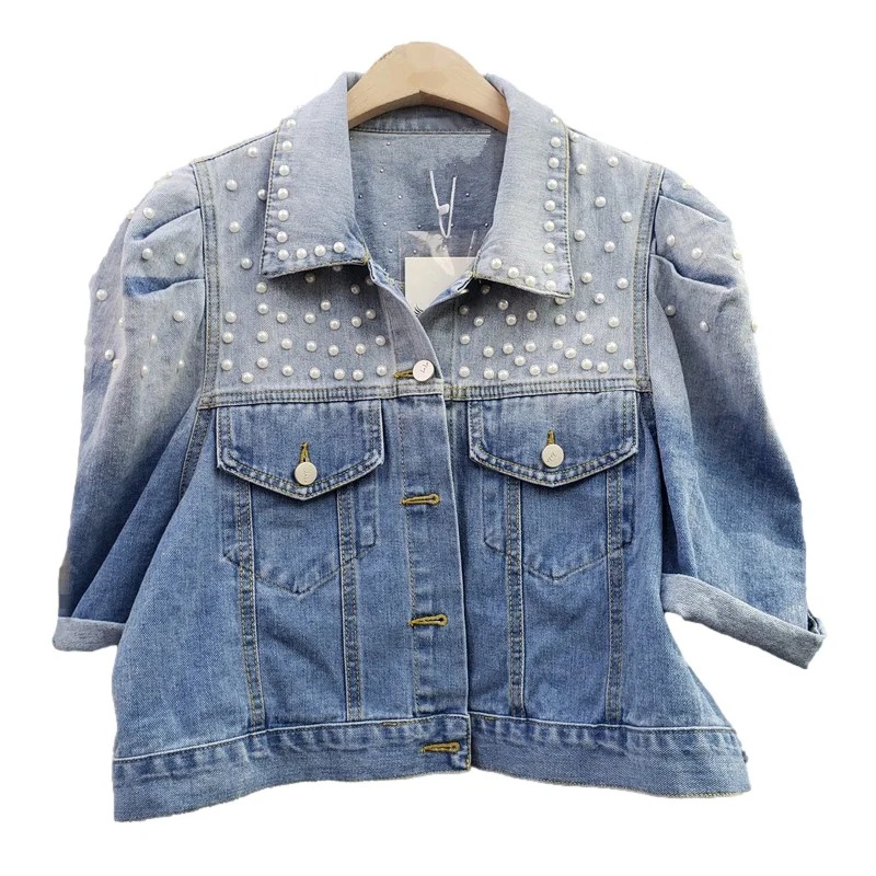 

Модная женская джинсовая куртка с жемчужинами и градиентом, повседневная Короткая синяя ковбойская верхняя одежда, джинсовая куртка с рука...