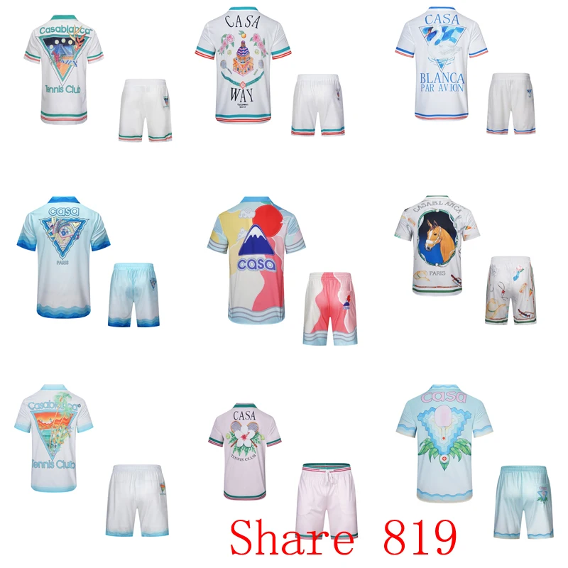 

Thin Silk Fabric CASABLANCA Tennis Club Mesh Shortpant Shirts Set Summer Men Women Casual Hawaiian Beach Seaside Suit Size M-3XL