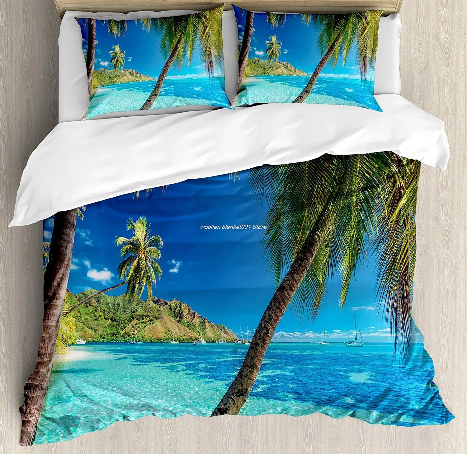 

Ocean Duvet Cover Set Image of a Tropical Island with The Palm Trees and Clear Sea Beach Theme Print Decorative 3 Piece Bedding