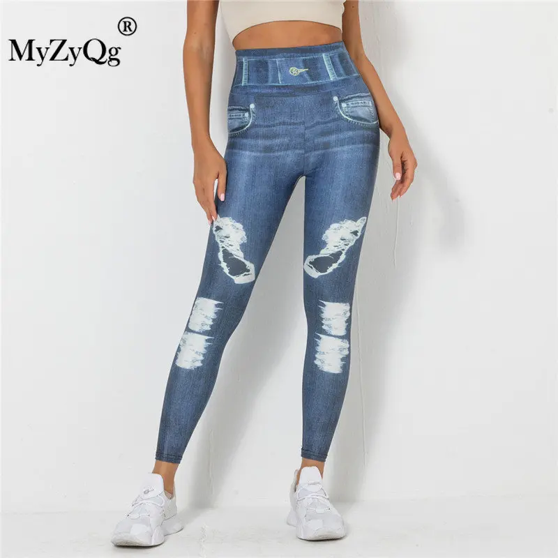 

Женские леггинсы с высокой талией, имитация джинсовой ткани, штаны для йоги и подтяжки бедер, облегающие спортивные штаны для фитнеса, бега, тренажерного зала