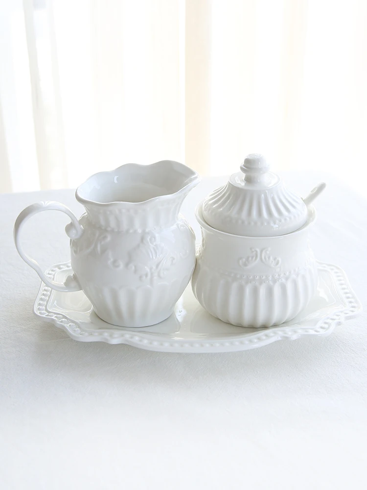 

English Court Baroque Art Relief Sugar And Creamer Pots Set Ceramics Coffee Ware Rococo Bowl Spices Jars Milk Jug Sauce Cups