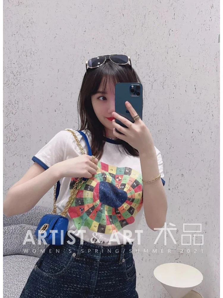 

Provide label High Quality Summer Women Fashion Runway Designer Short Sleeve Multicolor Panel Print Cotton T-shirts
