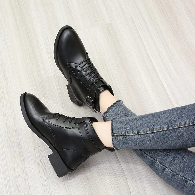 Botas Women Motorcycle Ankle Boots Wedges Female Lace Up Platforms winter Black Leather Oxford Shoes Woman 2022 Botas Mujer