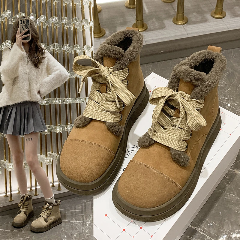 

2023 New Snow Boots for Women Winter Fur Platform Ankle Boots Woman Lace-up Snow Boots Thickened Cotton Shoes