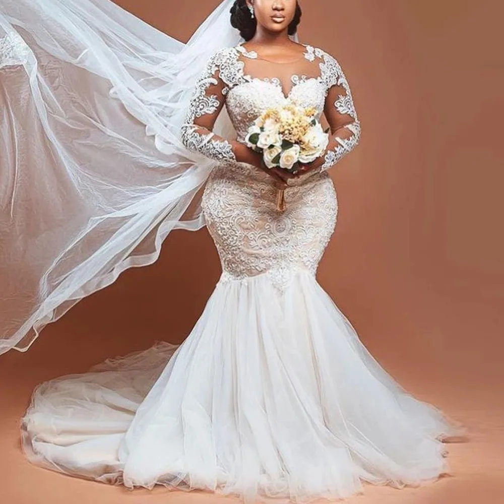 

Luxury African Mermaid Wedding Dresses Vestido De Noiva Princesa O Neck Full Sleeves Bride Celebrity Marriage Bridal Gowns 2023