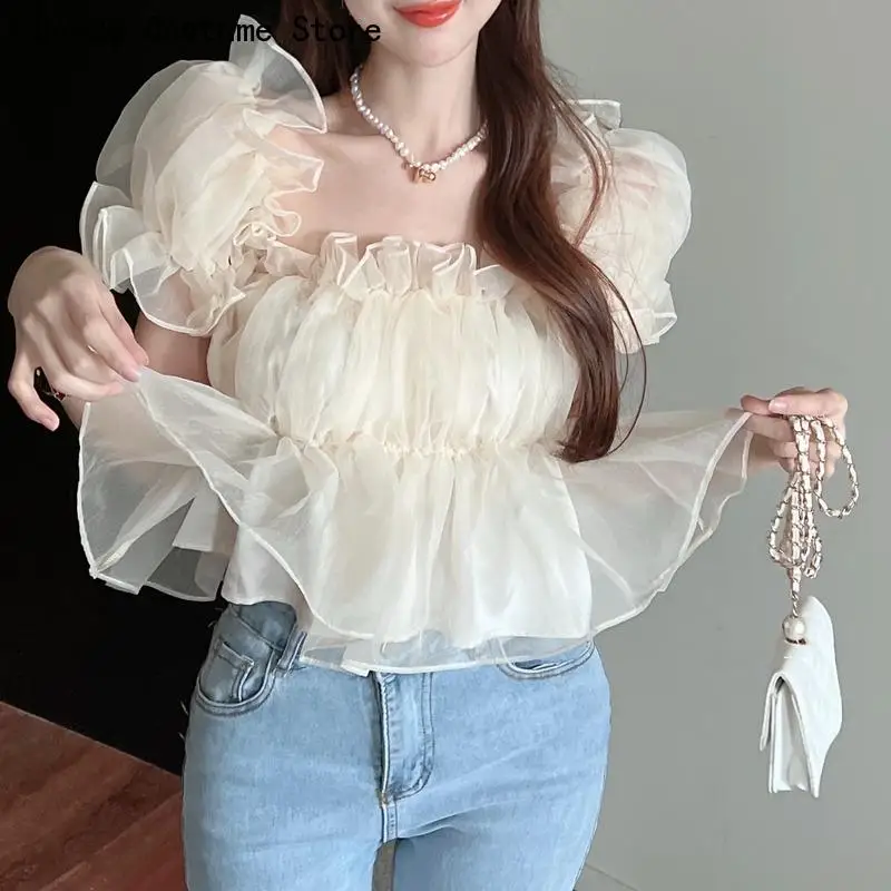 

Ladies Cute Blouses Summer Women Trendy Puff Sleeve Popular Ulzzang Solid Ruffles Slim Fit College All-match Korean Style Young