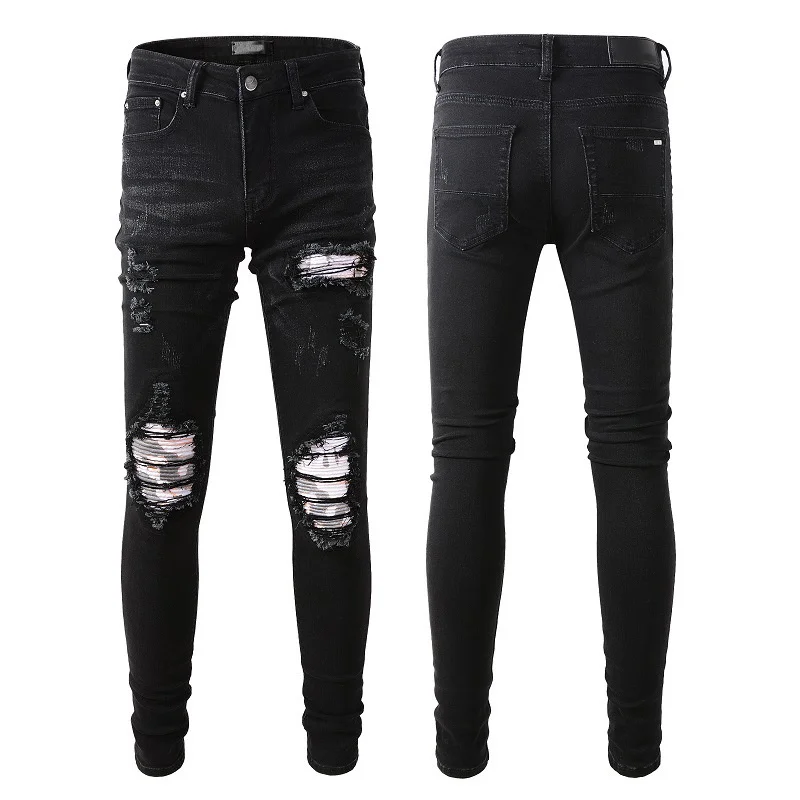 

High Street Fashion Men jeans vintage Black Elastic Destroyed Slim Ripped Jeans Men Stretch Patch Designer Brand Hip Hop Pants