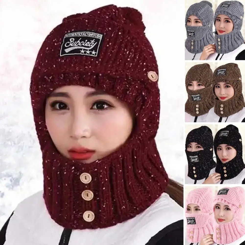 

Зимняя женская шапка с надписью и защитой ушей, однотонная эластичная плюшевая шапка с пуговицами, декоративный шарф, Шапка-бини, повседневная одежда