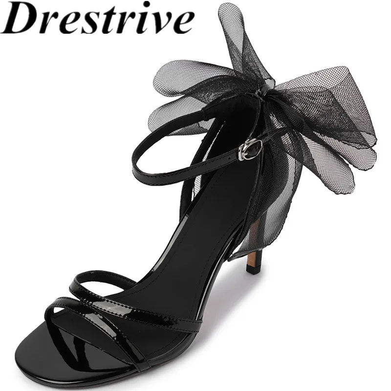 

Drestrive 2022 Fashion Women's Sandals Thin High Heel Butterfly Round Toe Summer Shoes Party Patent Leather Buckle