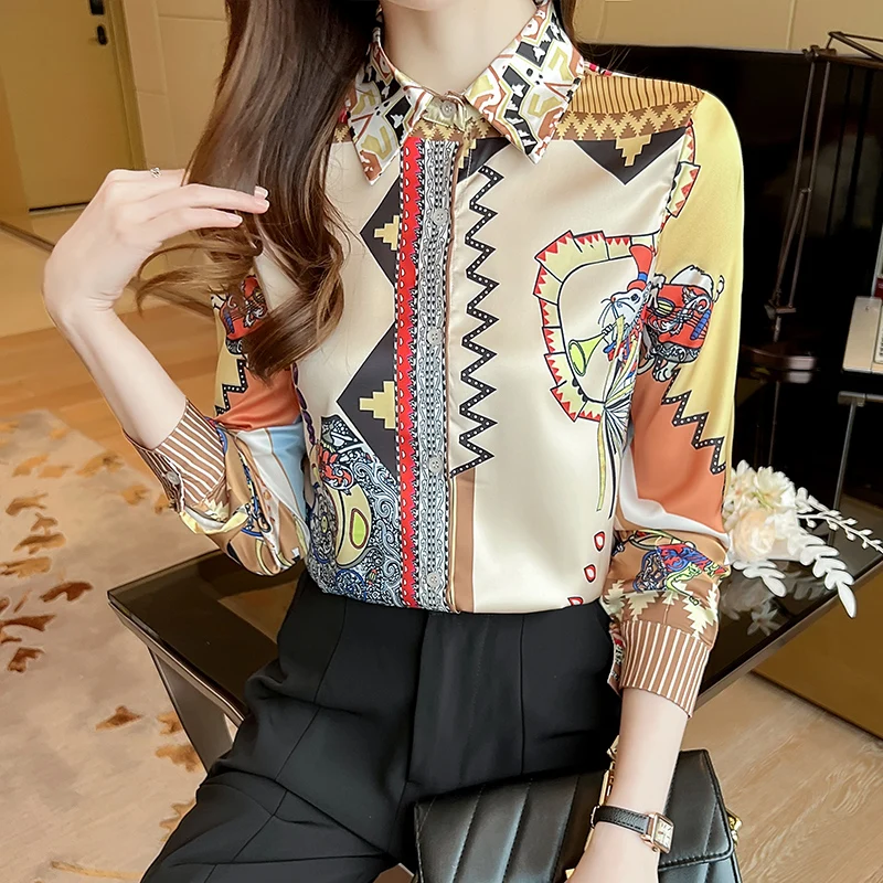 

Summer Women's Blouse Long Sleeve Top Korean Fashion Poplin Casual Splicing Printing Loose Polo Shirt Movafag