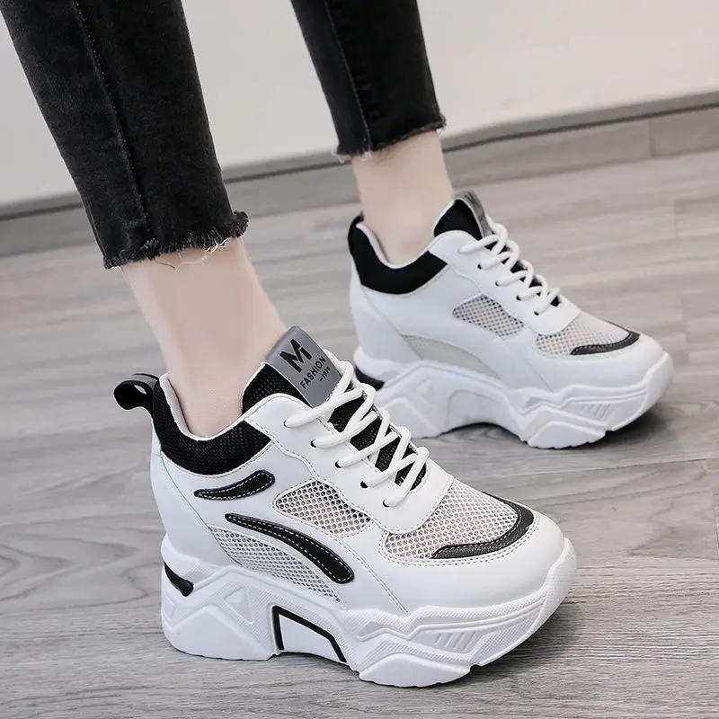 

8CM New White Wedge Sneakers Shoes Platform Breathable Hollow Shoes Chunky Platform Heel Pumps Shoes Women Heels B1-46